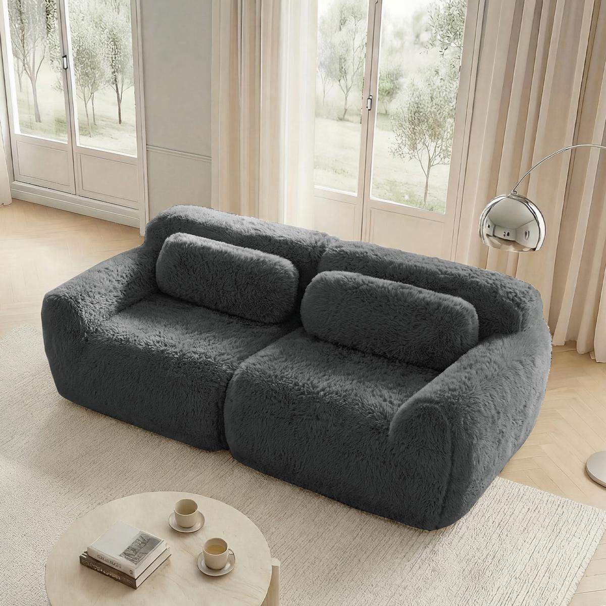 2-SITZER SOFA plüschstoff grau mit rahmenlosem design & rutschfester basis - Grau, Textil (204/73/104cm) - Urban Meuble