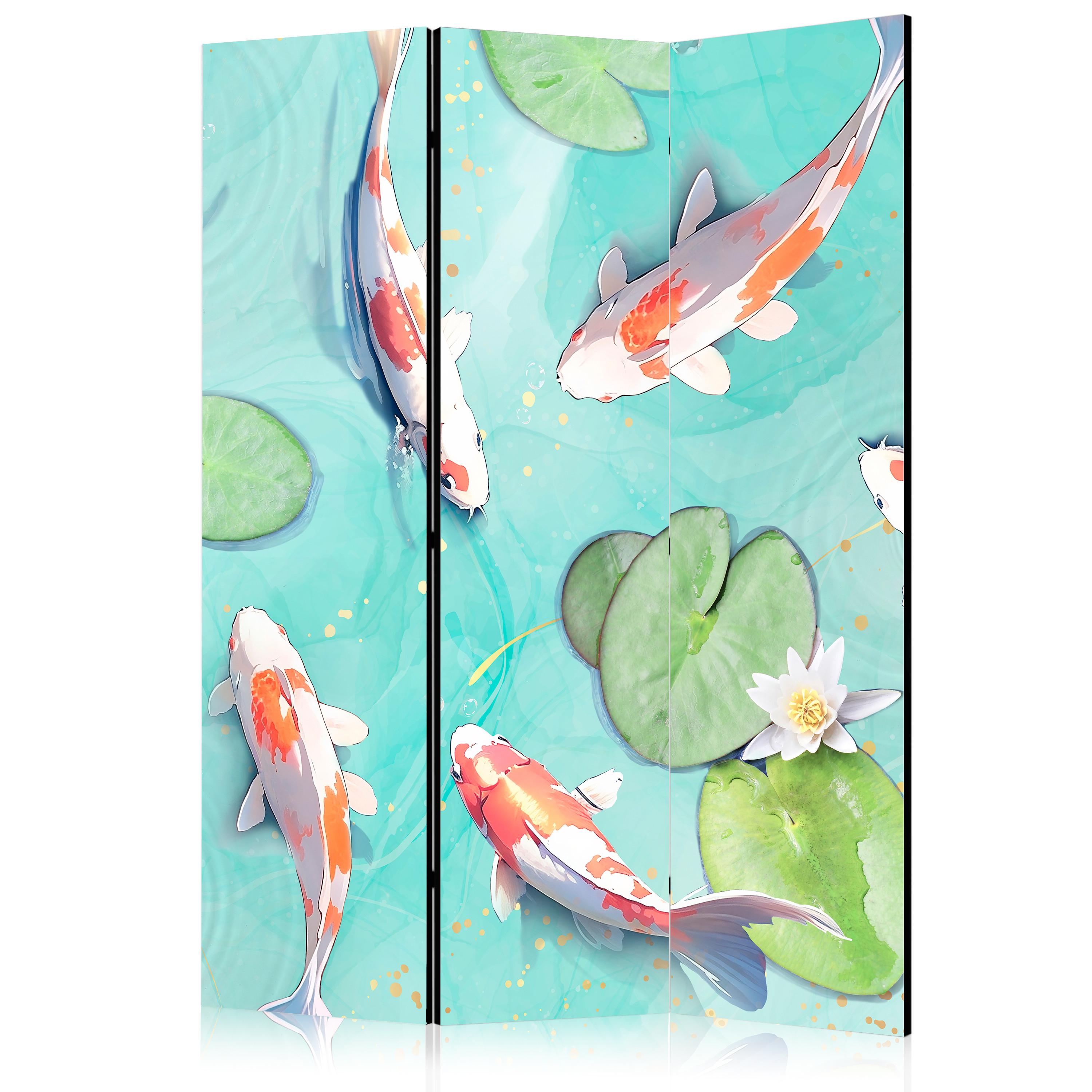 PARAVENT Einseitig Bedruckter 3-tlg 135x172 cm Kois und Blumen - Multicolor, Holz/Textil (135/172/3cm) - Muralo
