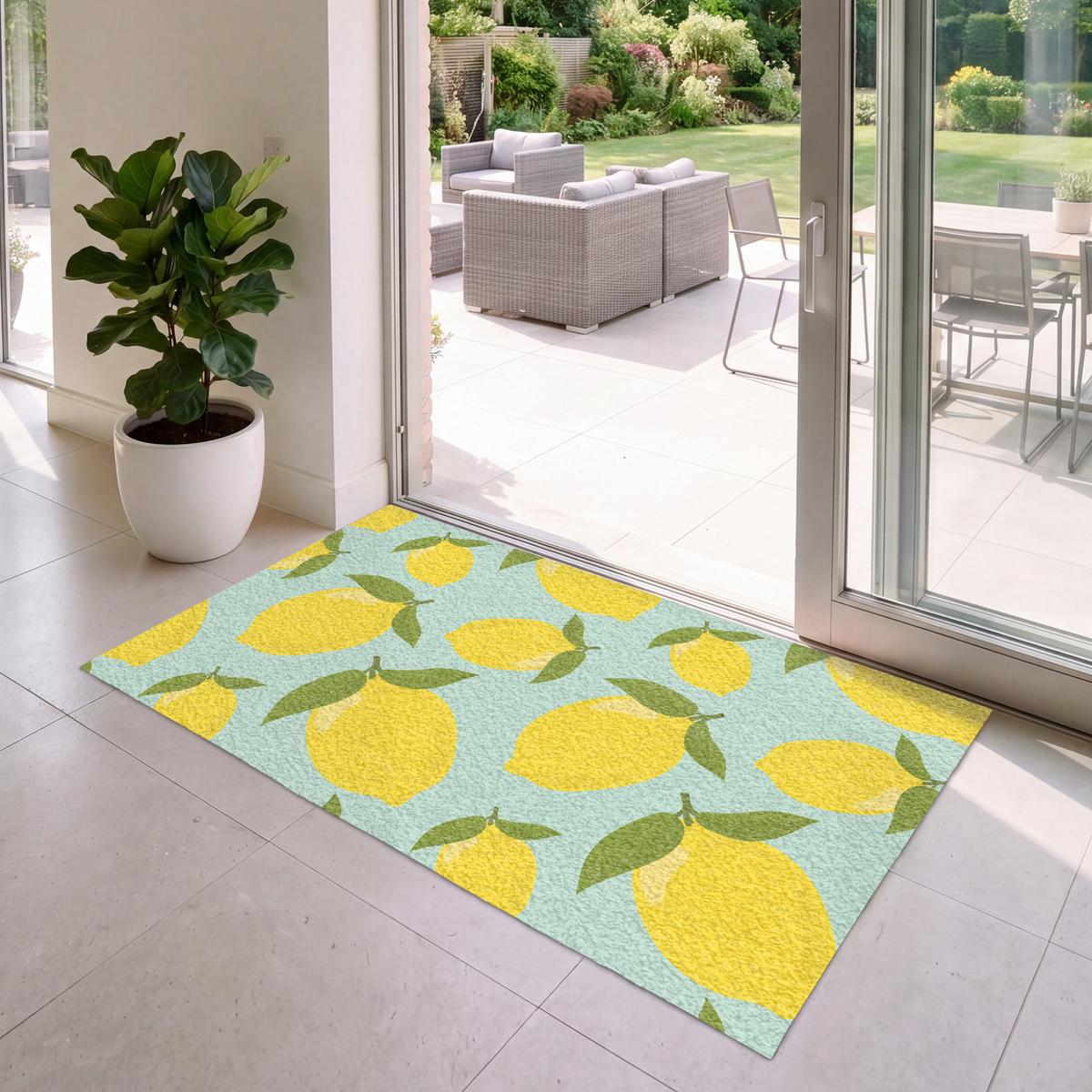 FUSSMATTE Muster Zitronen - Gelb - Blau - Muster - Früchte Flurteppich 150x90 cm - Gelb, Kunststoff (150/0.4cm) - MuchoWow