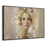 LEINWAND Bilder mit Rahmen - Gesicht - Frau - Blätter - Gold - 140x90 - Beige, Textil (140/90cm) - MuchoWow