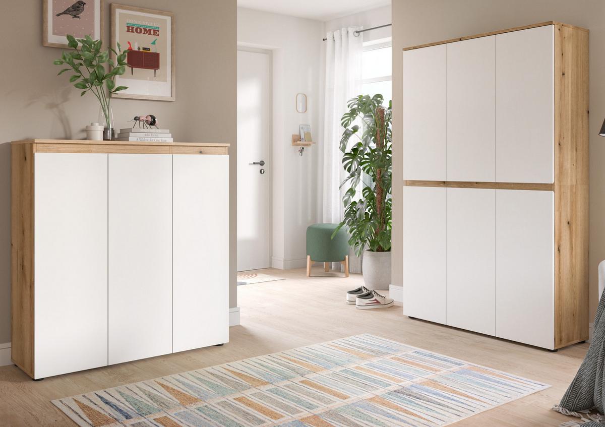 MEHRZWECKSCHRANK Weiß und Evoke Eiche 105 x 175 cm, Stauraumschrank 6-türig mit 18 Fächern - Eichefarben/Schwarz, Holzwerkstoff/Kunststoff (105/175/37cm) - Inn.Furn