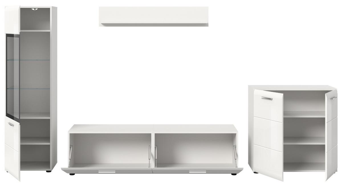 WOHNWAND weiß Hochglanz 4-teilig 315 cm, Schrankwand mit viel Stauraum - Weiß Hochglanz/Silberfarben, Glas/Holzwerkstoff (315/160/41cm) - Inn.Furn