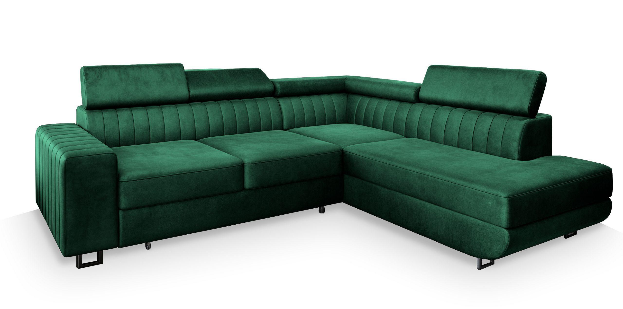 ECKSOFA NOLA R-S Grün Velours-Stoff mit Schlaffunktion - Silberfarben/Grün, Holz/Textil (253/190cm) - MASSENO