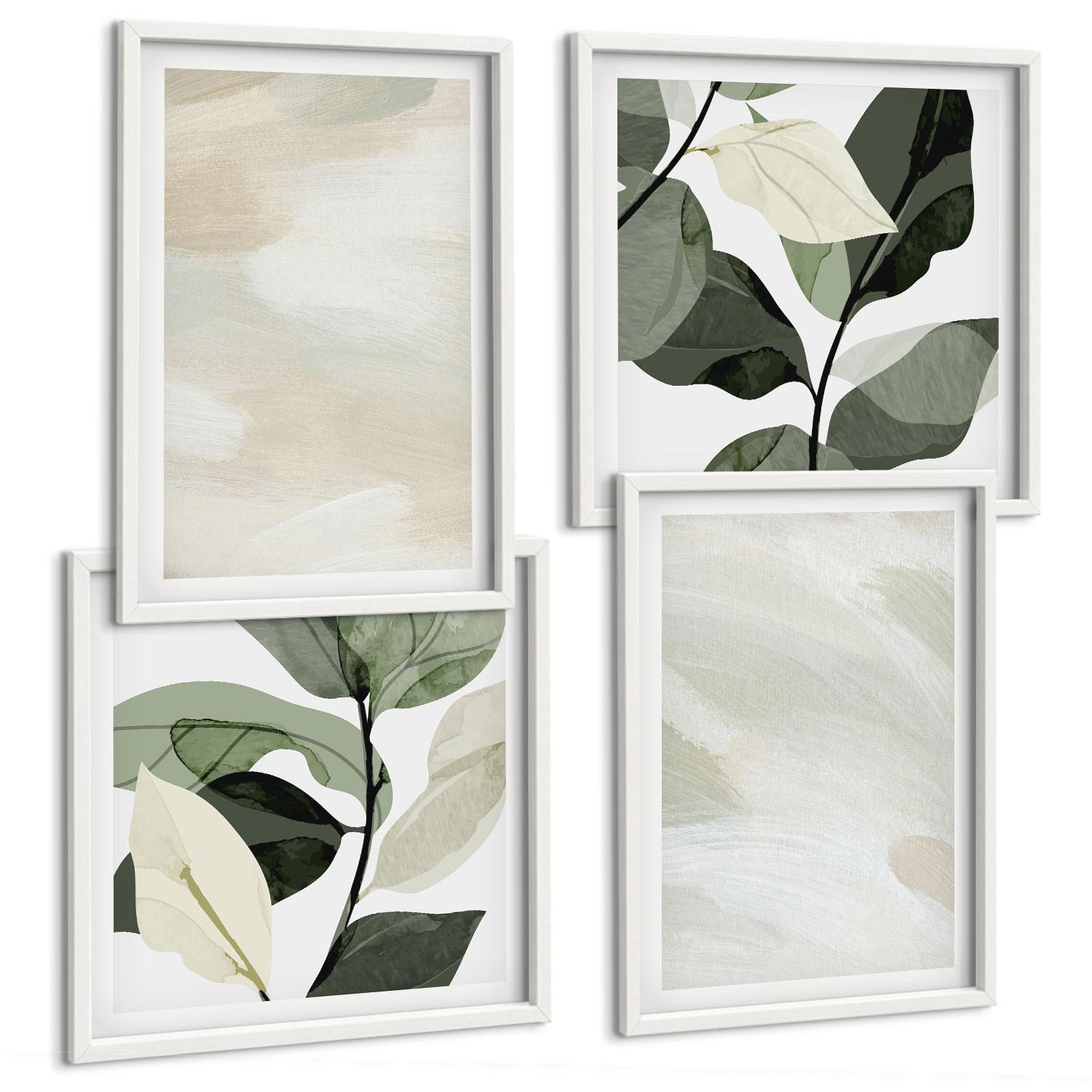 BILDER SET 4er Set - 50x50 cm & 40x60 cm Weißer Rahmen - Leuchtende, abstrakte Boho-Farben - Weiß, Kunststoff (50/50cm) - TULUP