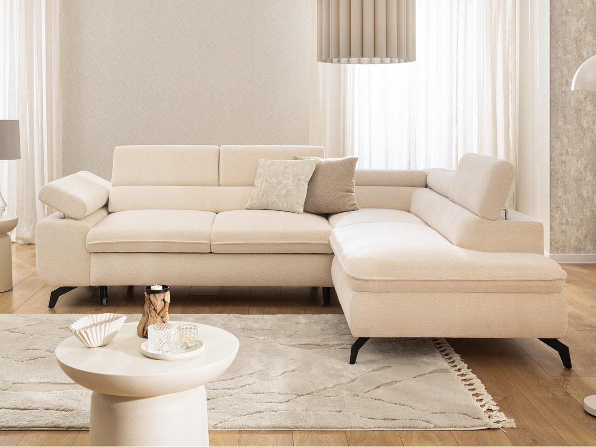 ECKSOFA mit Schlaffunktion und Bettkasten Bonnie aus Creme Chenille-Stoff mit verstellbaren Kopfstützen und Armlehne - Ottomane rechts - Creme/Schwarz, Holz/Textil (275/210cm) - S-Style
