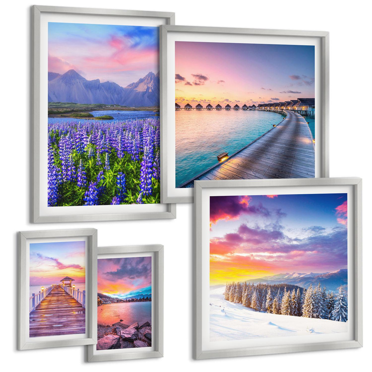 BILDER SET 5er Set - 50x50 cm & 20x30 cm & 40x60 cm Silberner Rahmen - Winterlandschaft des Pierbergs - Silberfarben, Kunststoff (40/60cm) - TULUP