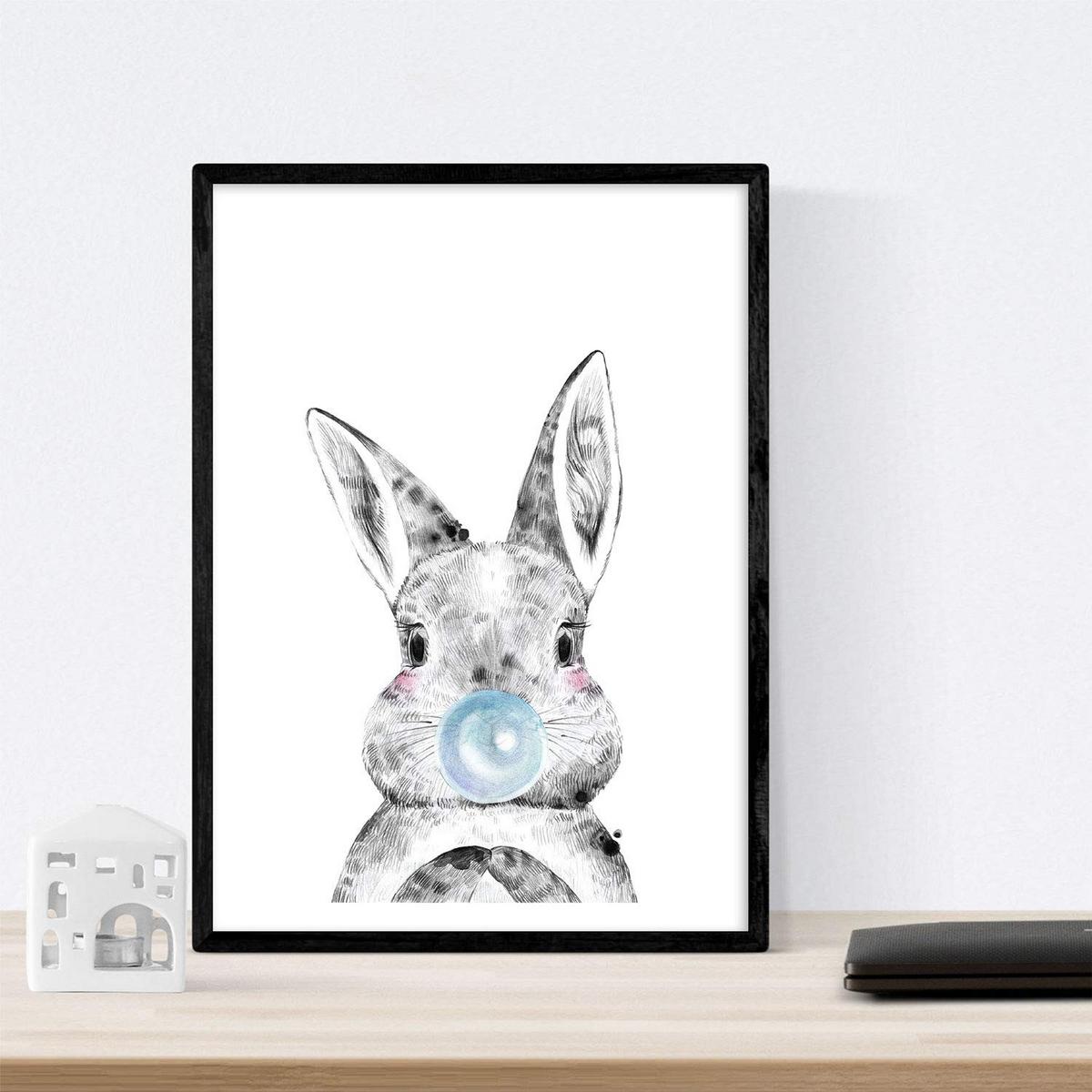 POSTER Set Mit 6 Tiere Babys Mit Kaugummi Schweinelefant Kaninchen Kuh Zorro Hund A3 Schwarzer Rahmen - Schwarz, Papier (29/3cm) - Nacnic