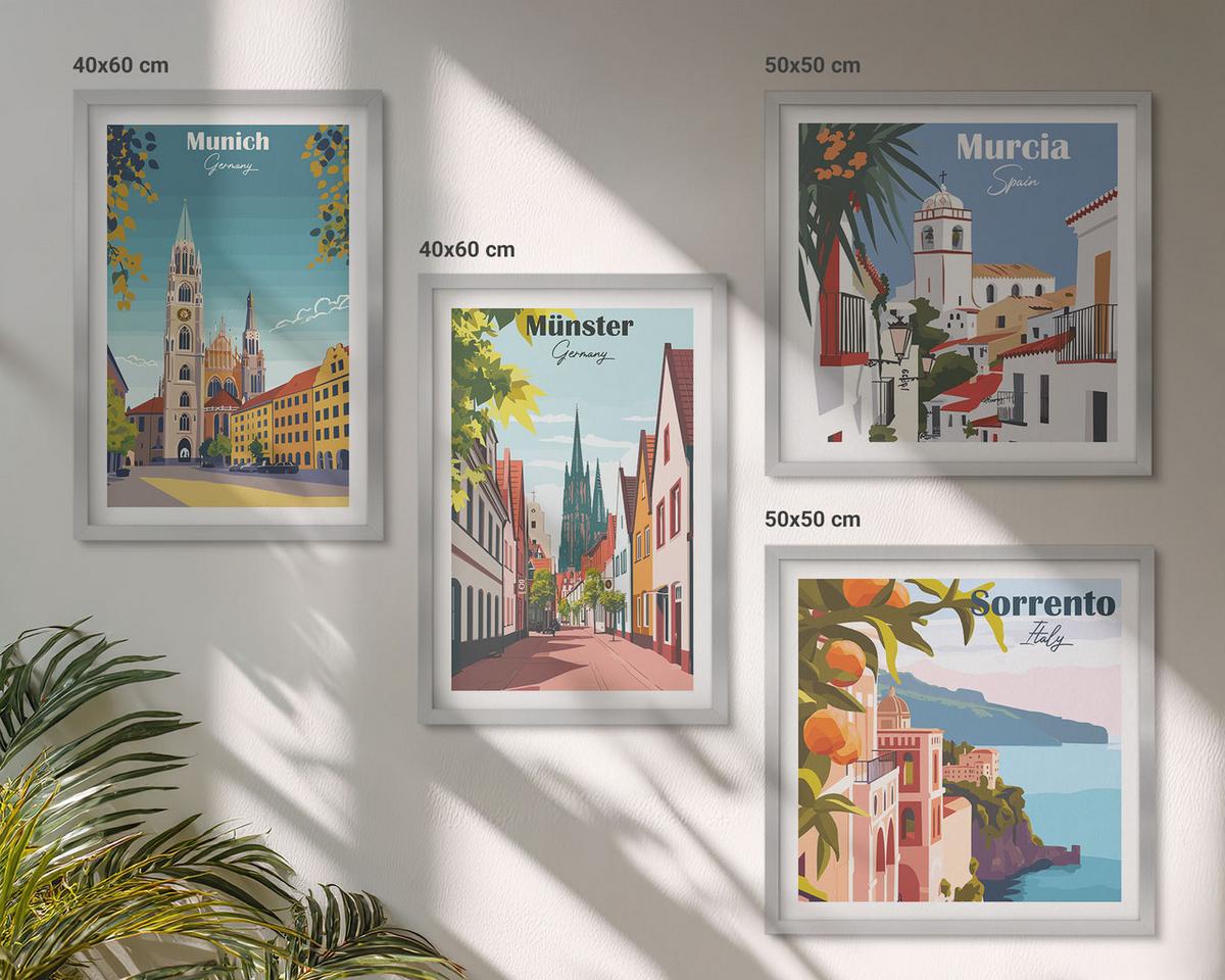 BILDER SET 4er Set - 50x50 cm & 40x60 cm Silberner Rahmen - Europäische Städte in farbigen Illustrationen - Silberfarben, Kunststoff (50/50cm) - TULUP