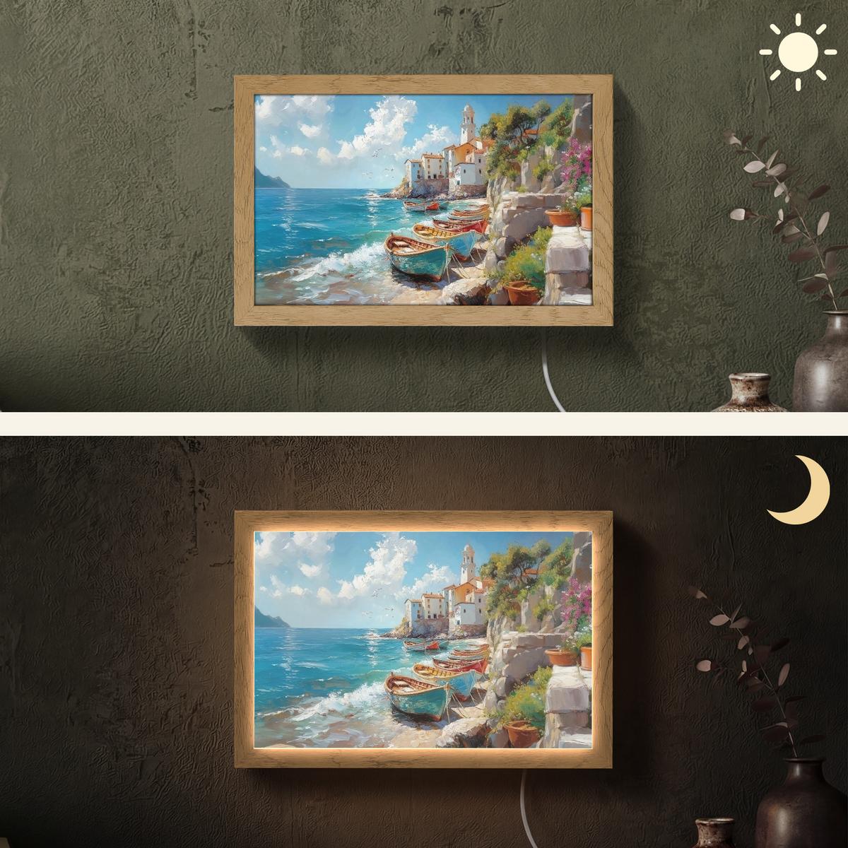 WANDLEUCHTE Boote - Felsen - Meer - Sonne 30x20 cm - Blau, Holzwerkstoff (30/20/8cm) - OnlyWow