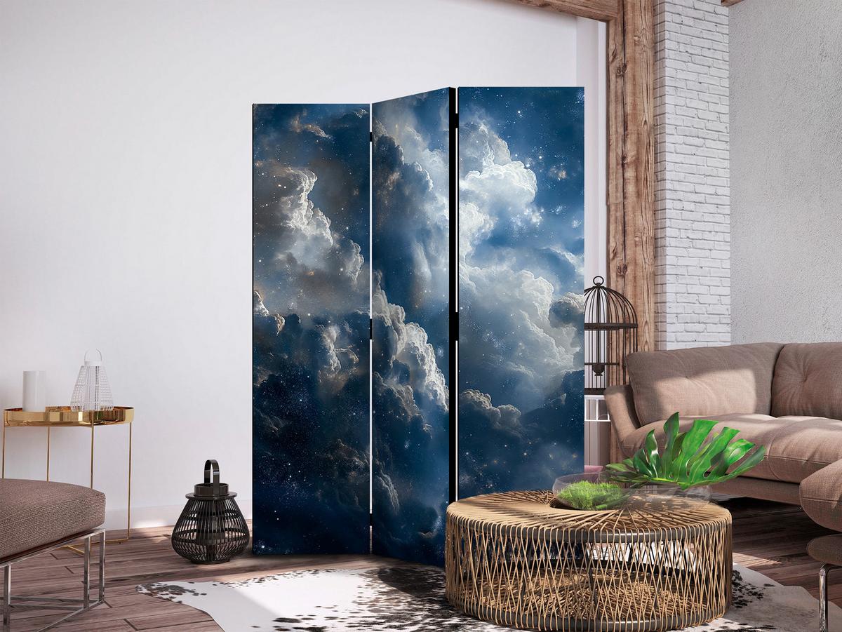PARAVENT Akustik 3-tlg 135x172 cm Sternenhimmel mit Wolken - Blau, Holz/Textil (135/172/3cm) - Muralo