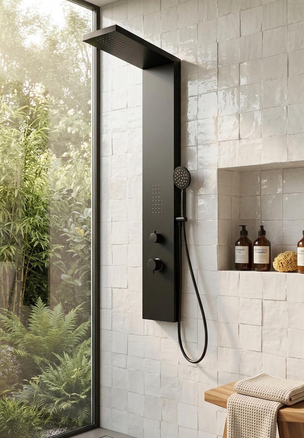 DUSCHPANEEL Savara mit Mischbatterie Schwarz Aluminium 120 x 20 cm - Schwarz, Holz (20/120/7cm) - Badplaats