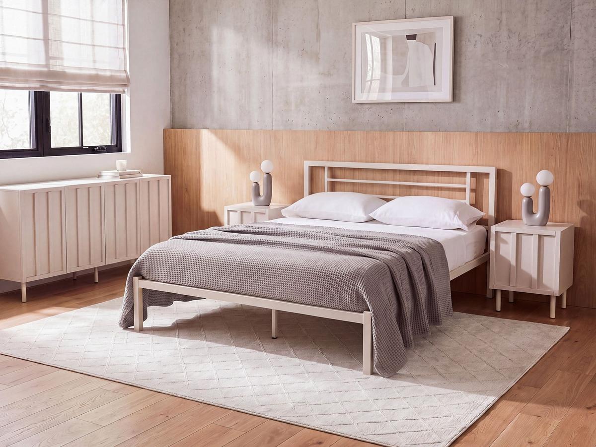 BETT mit Lattenrost 140/200 Stahl Hellbeige Cusset - Beige, Metall (140/200cm) - Beliani