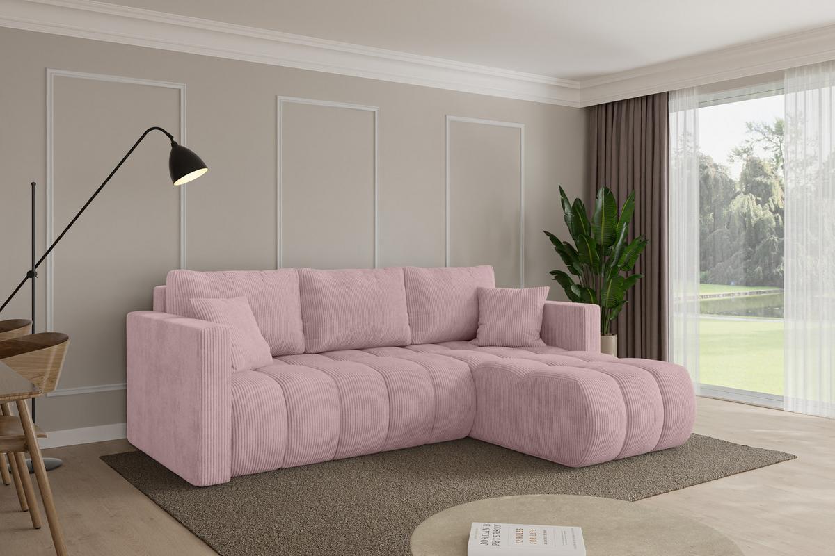 ECKSOFA mit Schlaffunktion Ottomane Rechts GARD-L 226x146x85 Rosa Cord - Schwarz/Rosa, Holzwerkstoff/Kunststoff (226/146cm) - ALTDECOR