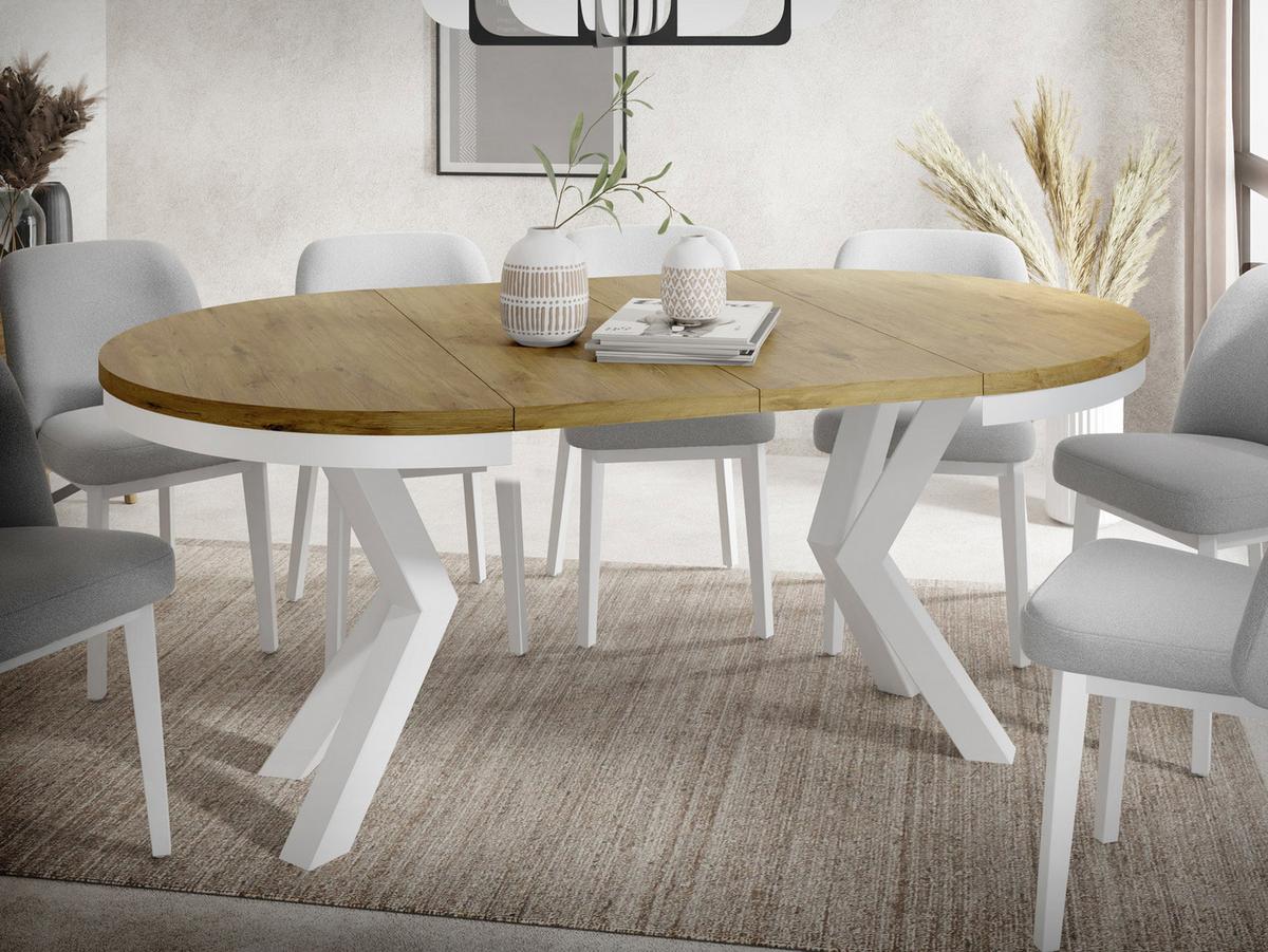 ESSTISCH Clara Weiß runder ausziehbarer, Lancelot Eiche 100-180/100/76 cm - Eichefarben/Weiß, Holzwerkstoff/Metall (100/176/76cm) - WFL GROUP