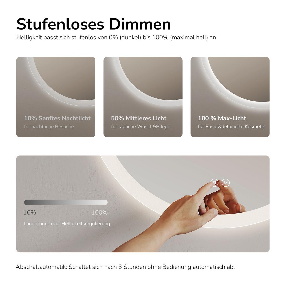 BADSPIEGEL Rund mit LED-Beleuchtung Ø 70 cm, 3 Lichtfarben, beschlagfrei - Transparent, Glas (70/70/3.5cm) - EMKE