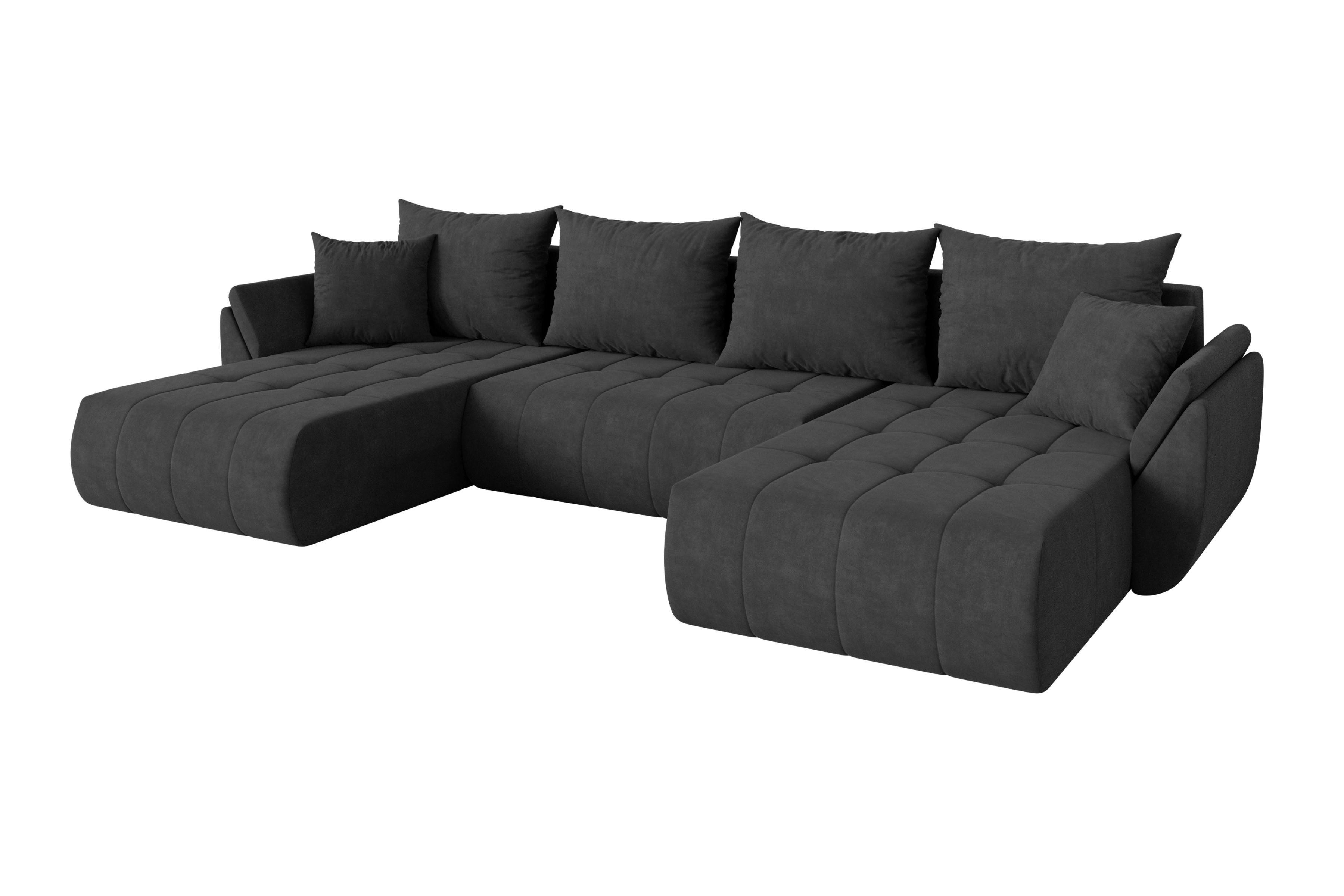 WOHNLANDSCHAFT mit Schlaffunktion und Bettkasten TOKO-U 378x194x86 Dunkelgrau Velours - Anthrazit/Schwarz, Holzwerkstoff/Kunststoff (378/86/194cm) - ALTDECOR
