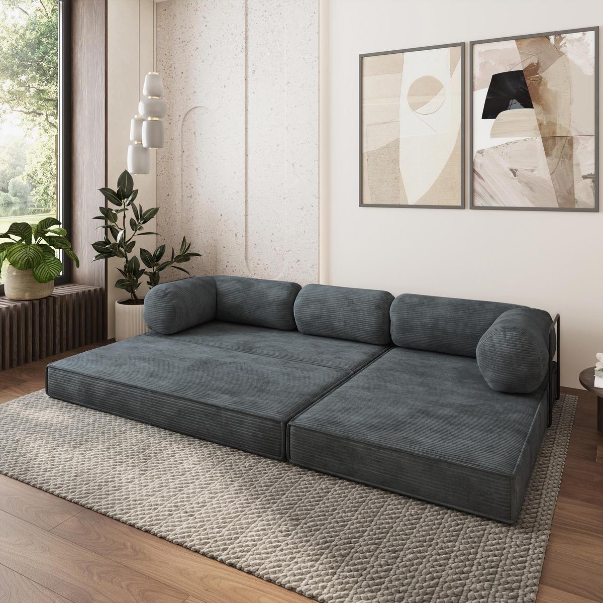 ECKSOFA ETERA modulares Boneless Sofa mit Schlaffunktion Grau Kordstoff - Dunkelgrau, Textil (270/160cm) - MASSENO