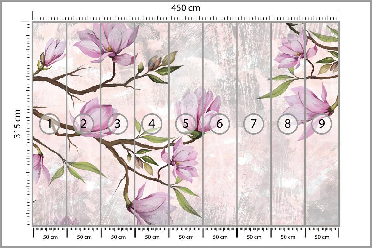 FOTOTAPETE für Schlafzimmer Rosa Magnolienblüten Botanisch 450x315 - Beige/Violett, Papier (450/315cm) - Muralo