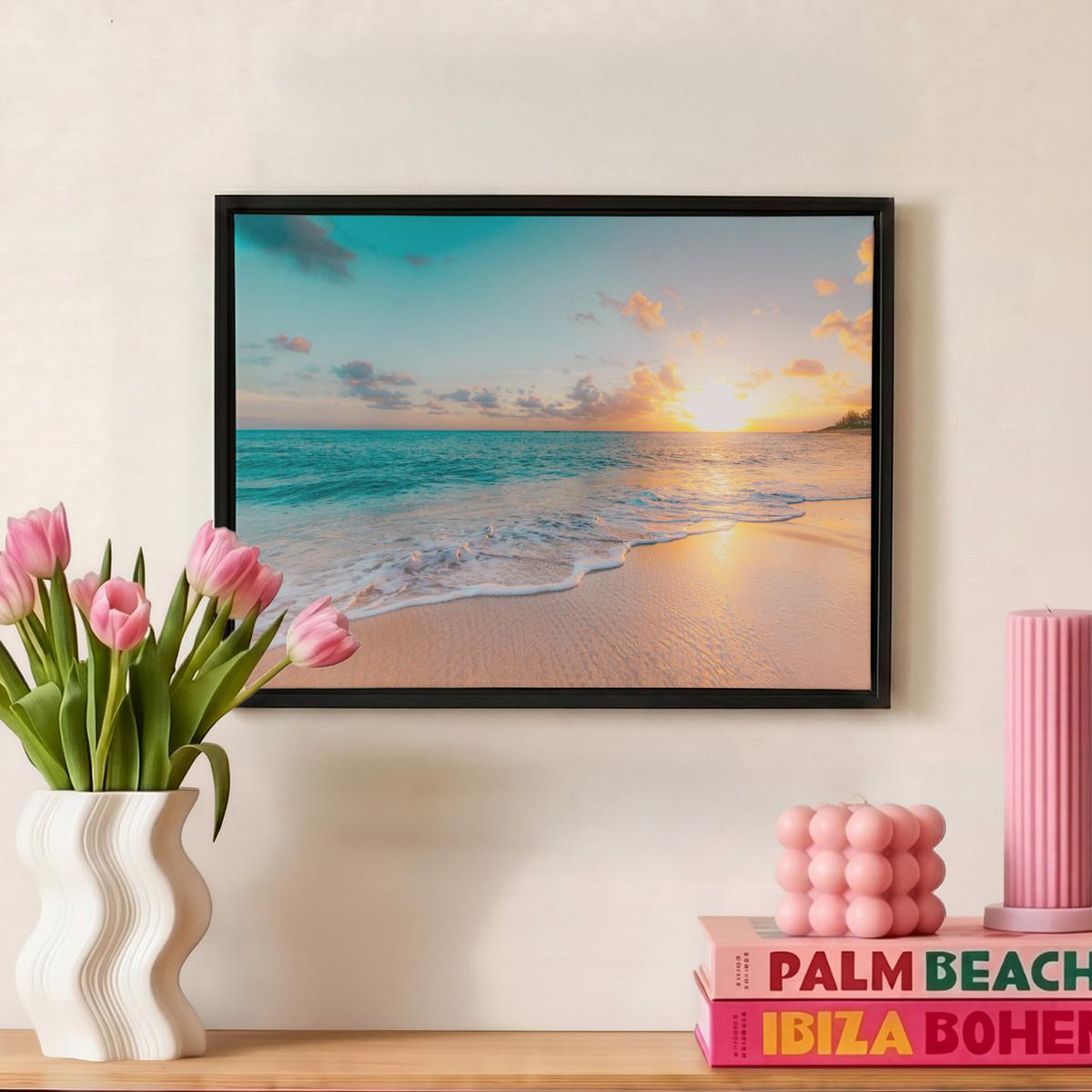 LEINWAND Bilder mit Rahmen - Sonnenuntergang - Strand - Meer - Sommer - Blau - 40x30 - Multicolor, Textil (40/30cm) - MuchoWow