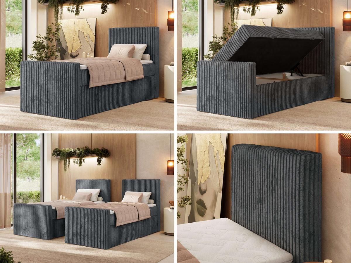 BOXBETT TILIANO DUO 90/200 - Grau Cord - H4 - Topper Visco - Rechts Seite - Grau, Textil (90/200cm) - MKS