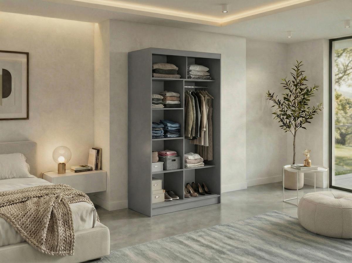 SCHWEBETÜRENSCHRANK mit Spiegel LAOS - 120 - Grau - Weiß Lamellen - Alufarben/Weiß, Holzwerkstoff/Metall (120/216/61cm) - MKS