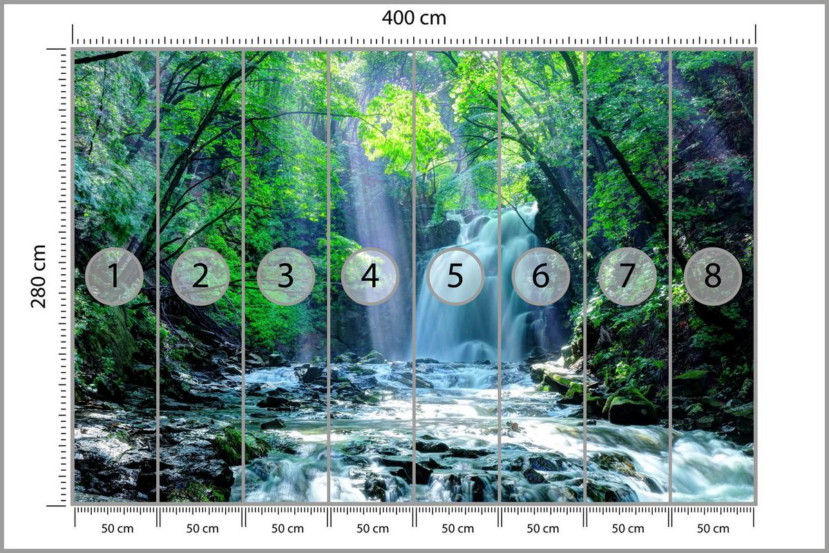 FOTOTAPETE für Schlafzimmer Wasserfall Wald Felsen Bäume Pflanzen 400x280 - Türkis/Blau, Papier (400/280cm) - Muralo