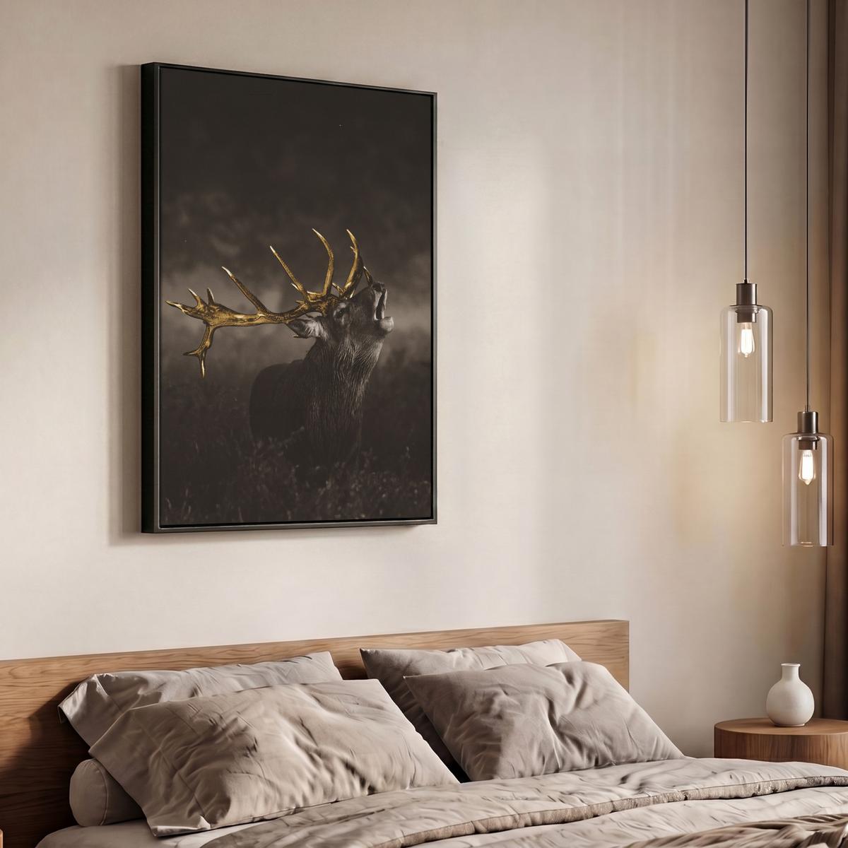 LEINWAND Bilder mit Rahmen - Rotwild - Schwarz - Gold - 70x100 - Braun, Textil (70/100cm) - MuchoWow