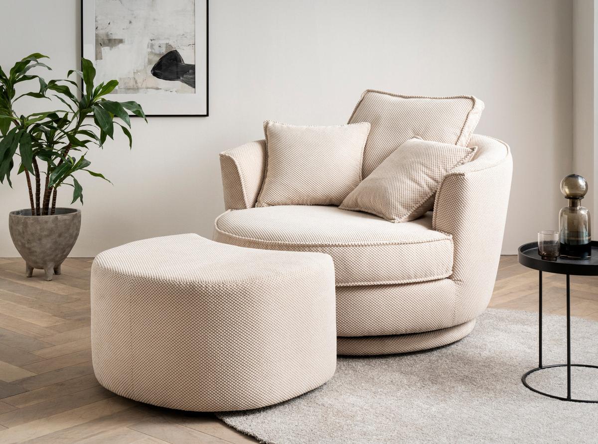 DREHSESSEL wollweiß Web-Velours, XL Sessel 360° drehbar inklusive 3 x Kissen - Creme/Weiß, Kunststoff/Textil (120/86/120cm)