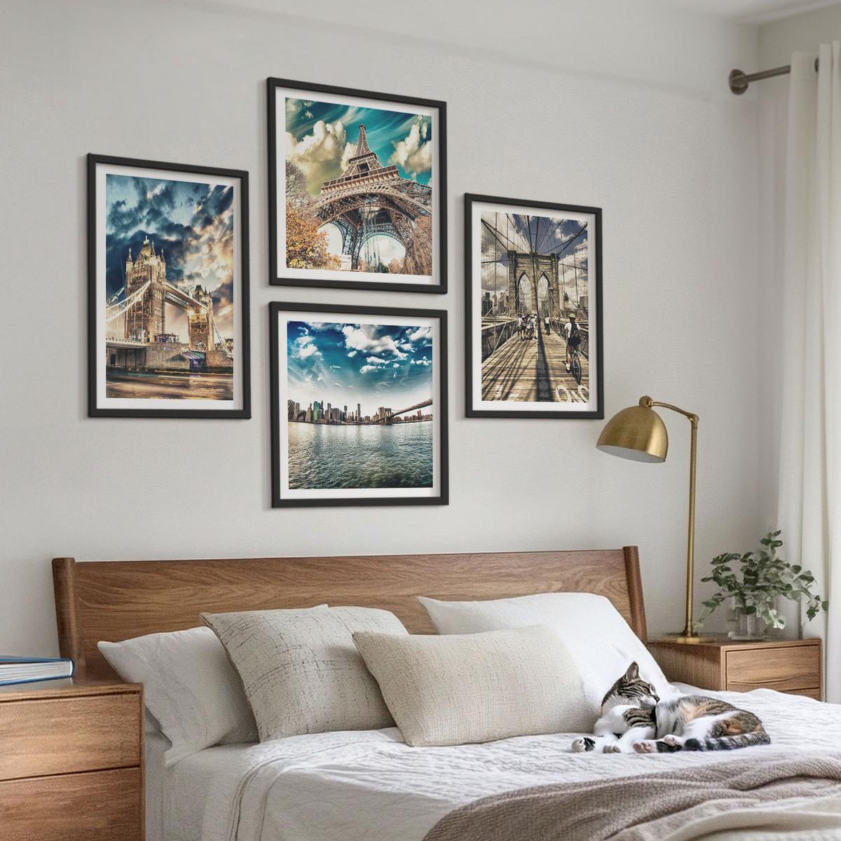 BILDER SET 4er Set - 50x50 cm & 40x60 cm Schwarzer Rahmen - Turmbrücken in europäischen Städten - Schwarz, Kunststoff (50/50cm) - TULUP