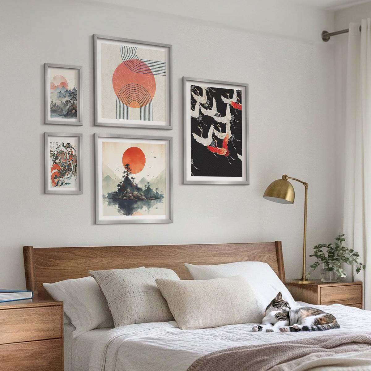 BILDER SET 5er Set - 50x50 cm & 20x30 cm & 40x60 cm Silberner Rahmen - Asiatische Landschaften Japandi - Silberfarben, Kunststoff (40/60cm) - TULUP