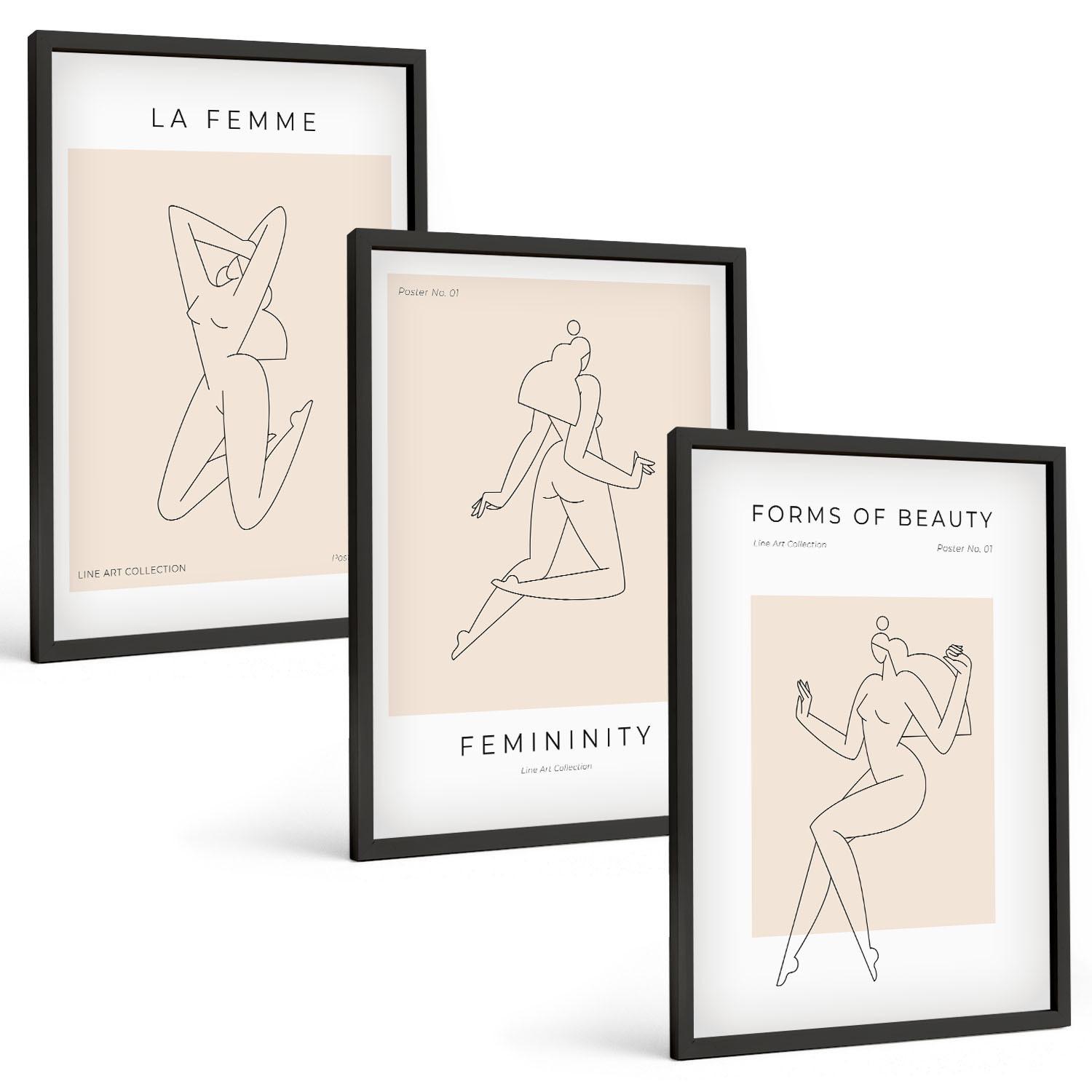 BILDER SET 3er Set - 40x60 cm Schwarzer Rahmen - Poster mit minimalistischen Frauensilhouetten - Schwarz, Kunststoff (40/60cm) - TULUP
