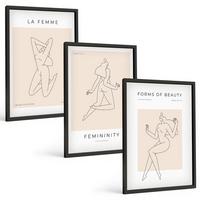 BILDER SET 3er Set - 40x60 cm Schwarzer Rahmen - Poster mit minimalistischen Frauensilhouetten - Schwarz, Kunststoff (40/60cm) - TULUP