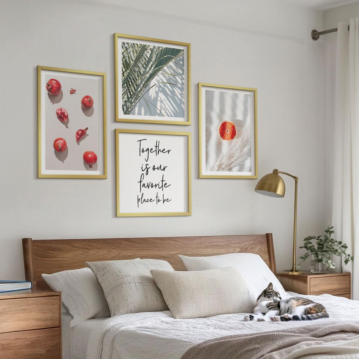 BILDER SET 4er Set - 50x50 cm & 40x60 cm Goldrahmen - Feiertags-Palmenfrucht-Inschrift - Goldfarben, Kunststoff (50/50cm) - TULUP
