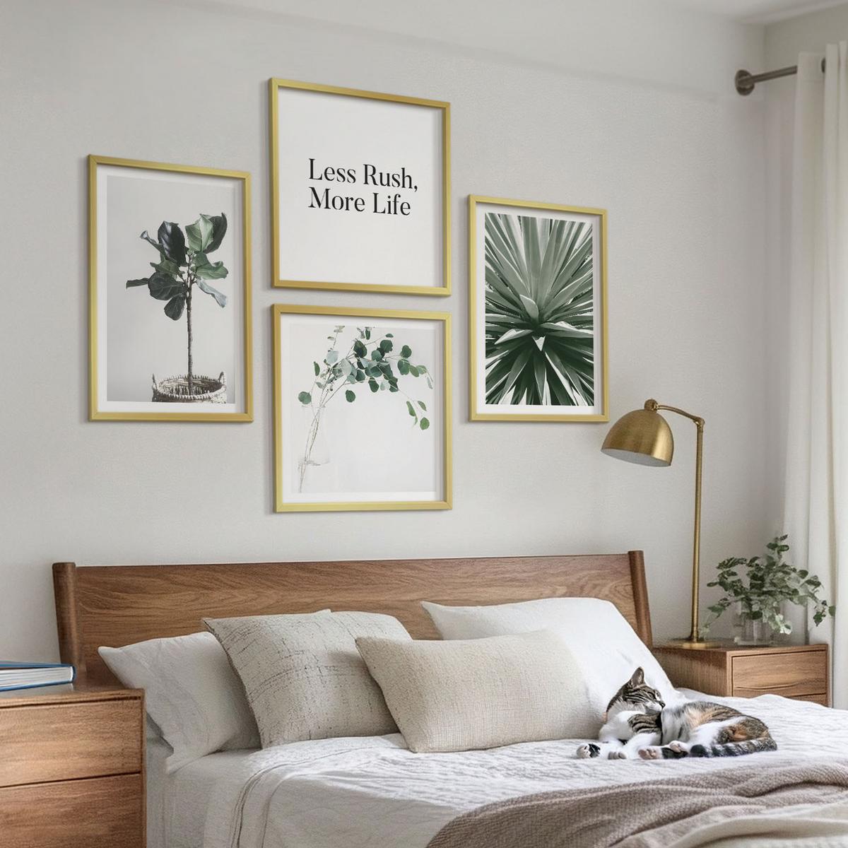 BILDER SET 4er Set - 50x50 cm & 40x60 cm Goldrahmen - Minimalismus mit grünen Pflanzen - Goldfarben, Kunststoff (50/50cm) - TULUP
