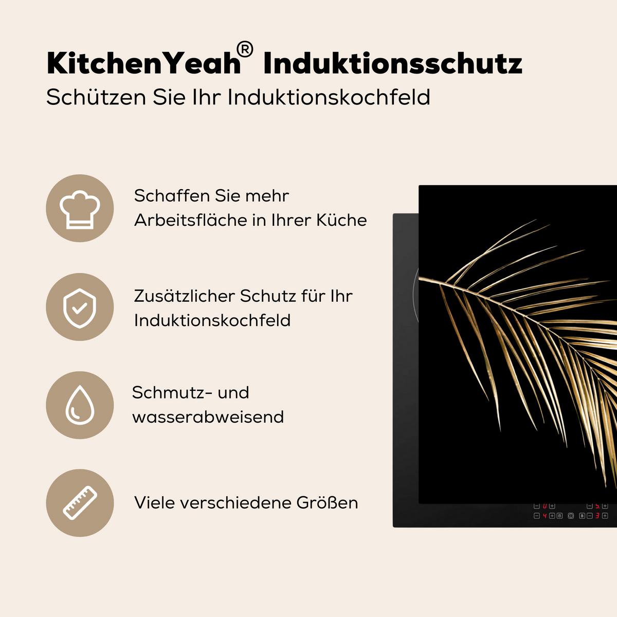 HERDABDECKPLATTE Blätter - Pflanzen - Gold - Schwarz - Luxus Ceranfeldabdeckung 90x52 cm - Goldfarben, Kunststoff (90/52/0.2cm) - MuchoWow