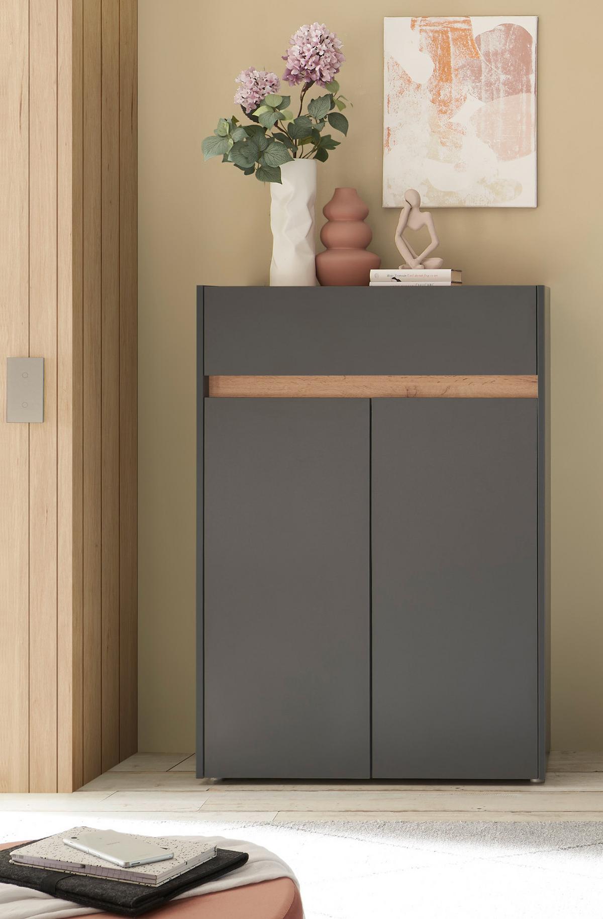 SCHUHSCHRANK grau matt, Eiche Wotan, Flurkommode 85 x 122 cm - Eiche Wotan/Schwarz, Holzwerkstoff/Kunststoff (85/122/122cm) - Furn.Design