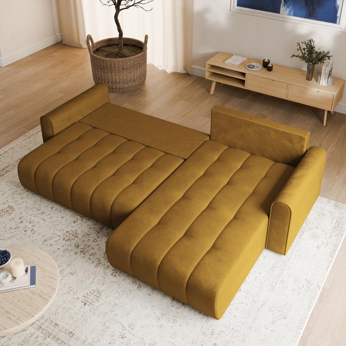 ECKSOFA FRIGA Gelb Velours-Stoff mit Schlaffunktion - Gelb, Holz (283/185cm) - MASSENO