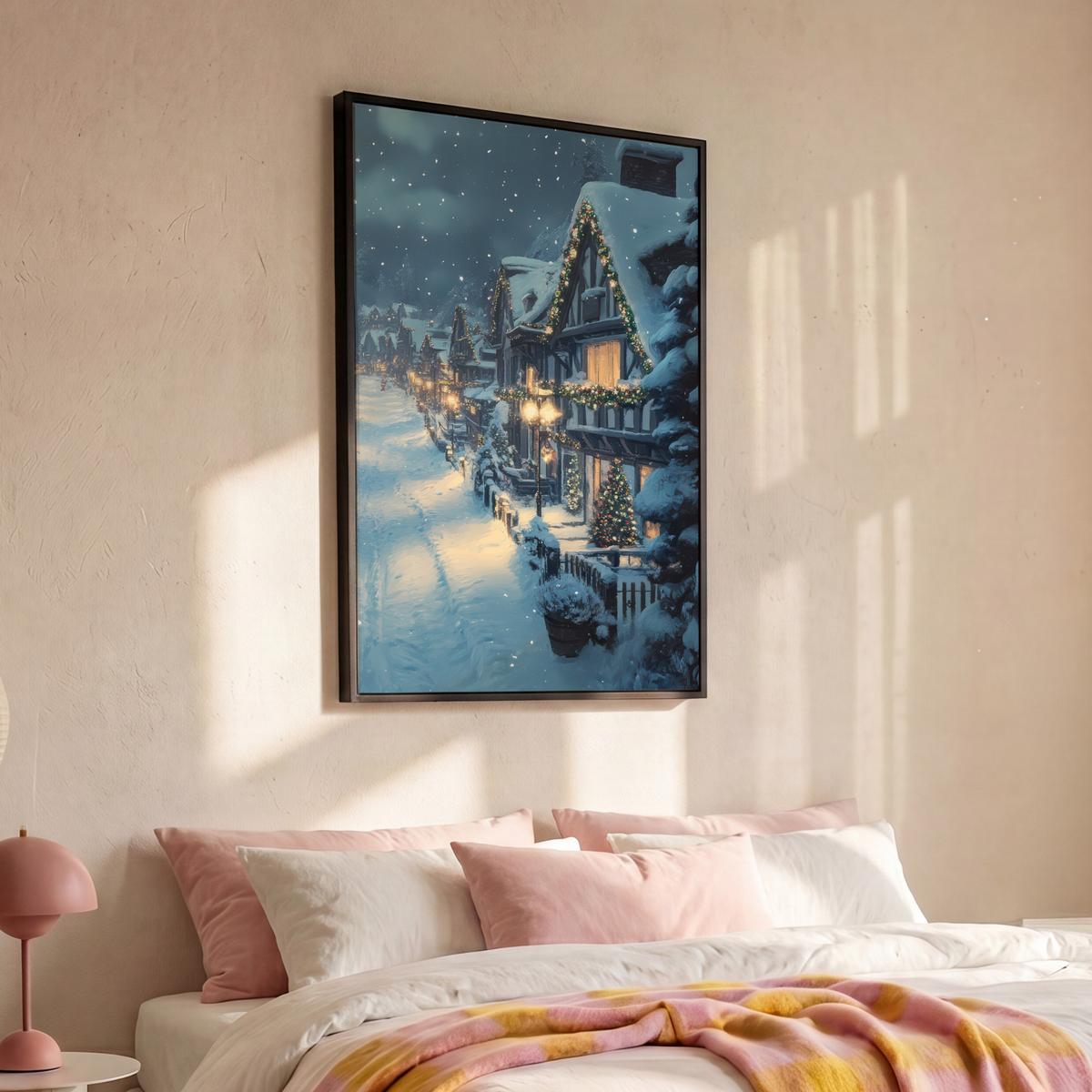 LEINWAND Bilder mit Rahmen - Weihnachtsdorf - Weihnachten - Schnee - Winter - 90x140 - Dunkelblau, Textil (90/140cm) - MuchoWow