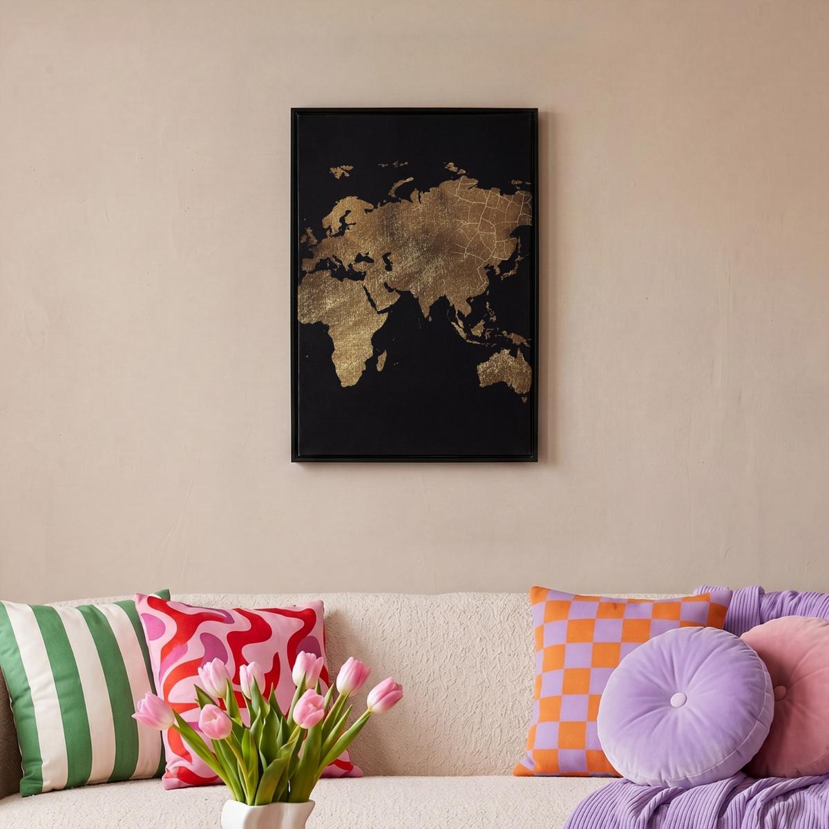 LEINWAND Bilder mit Rahmen - Weltkarte - Gold - Luxus - Erde - Schwarz - 40x60 - Goldfarben, Textil (40/60cm) - MuchoWow