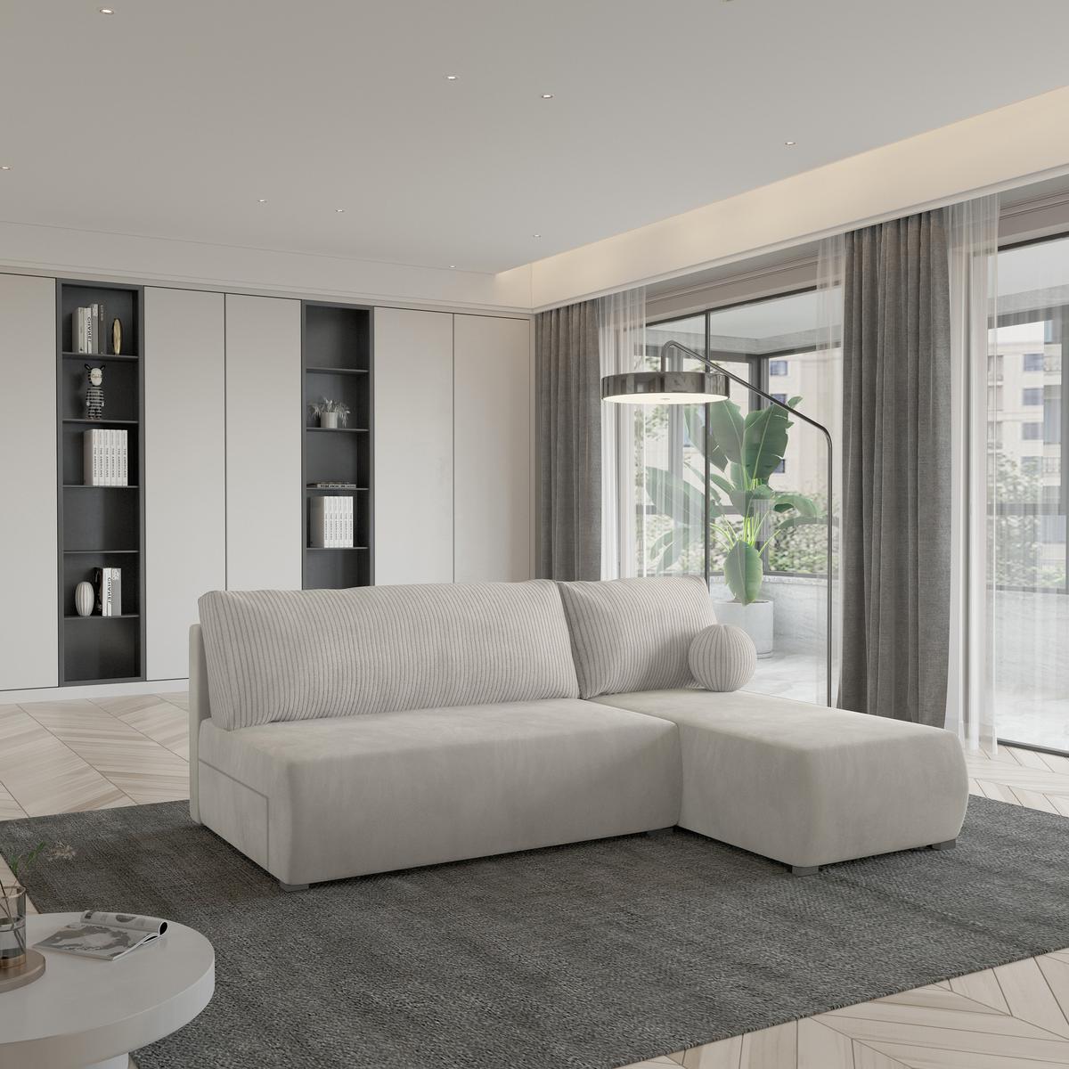 ECKSOFA PARVELO Creme Plüsch-Stoff mit Schlaffunktion - Creme, Holz (200/143cm) - MASSENO