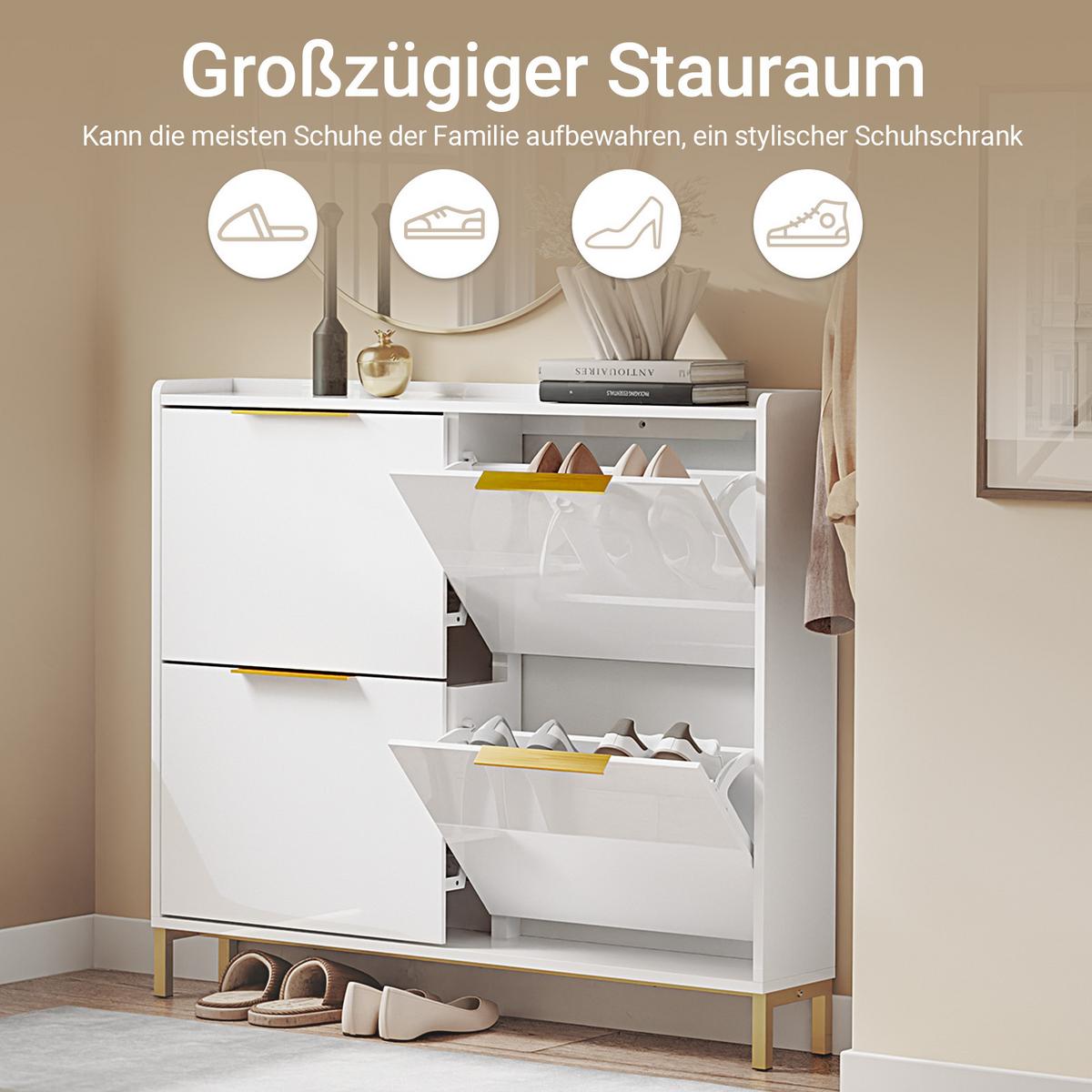 SCHUHSCHRANK mit 4 Klappen, Hochglanz Weiß 100x90x19cm - Weiß, Holzwerkstoff (100/90/19cm) - SoBuy