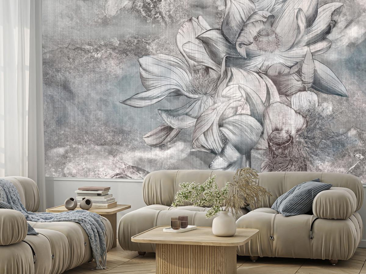 FOTOTAPETE für Wohnzimmer Wunderschöne Blume Betonwand Retro 200x140 - Grau, Papier (200/140cm) - Muralo