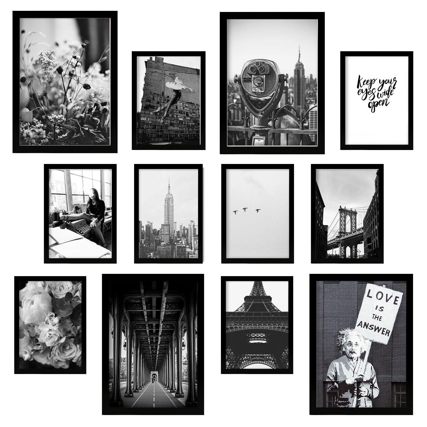 POSTER Set Mit 12 Schwarz-Weiß-Fotografie A3 Schwarzer Rahmen - Schwarz, Papier (29.7/5/42cm) - Nacnic