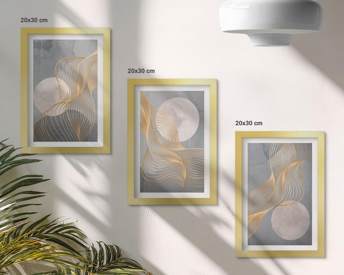 BILDER SET 3er Set - 20x30 cm Goldrahmen - Abstrakte Muster Wellen Kreise - Goldfarben, Kunststoff (20/30cm) - TULUP