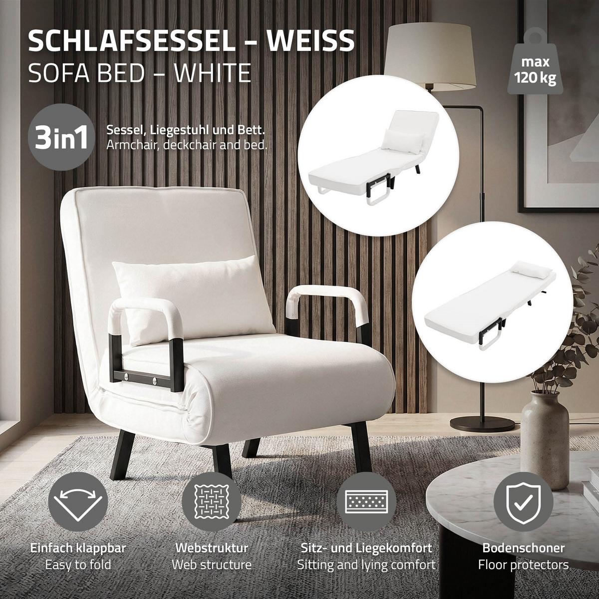 SCHLAFSESSEL mit Bettfunktion Weiß 186x60 cm Bettsessel klappbar mit Stahlrahmen & Chenille - Schwarz/Weiß, Textil/Metall (65/82/87cm) - ML-DESIGN