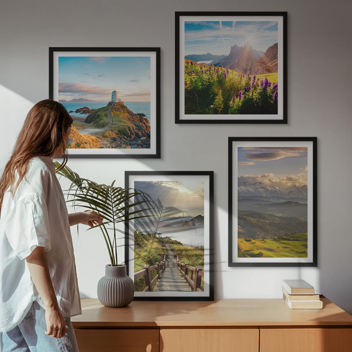 BILDER SET 4er Set - 50x50 cm & 40x60 cm Schwarzer Rahmen - Bergblumen Himmelsweg - Schwarz, Kunststoff (50/50cm) - TULUP