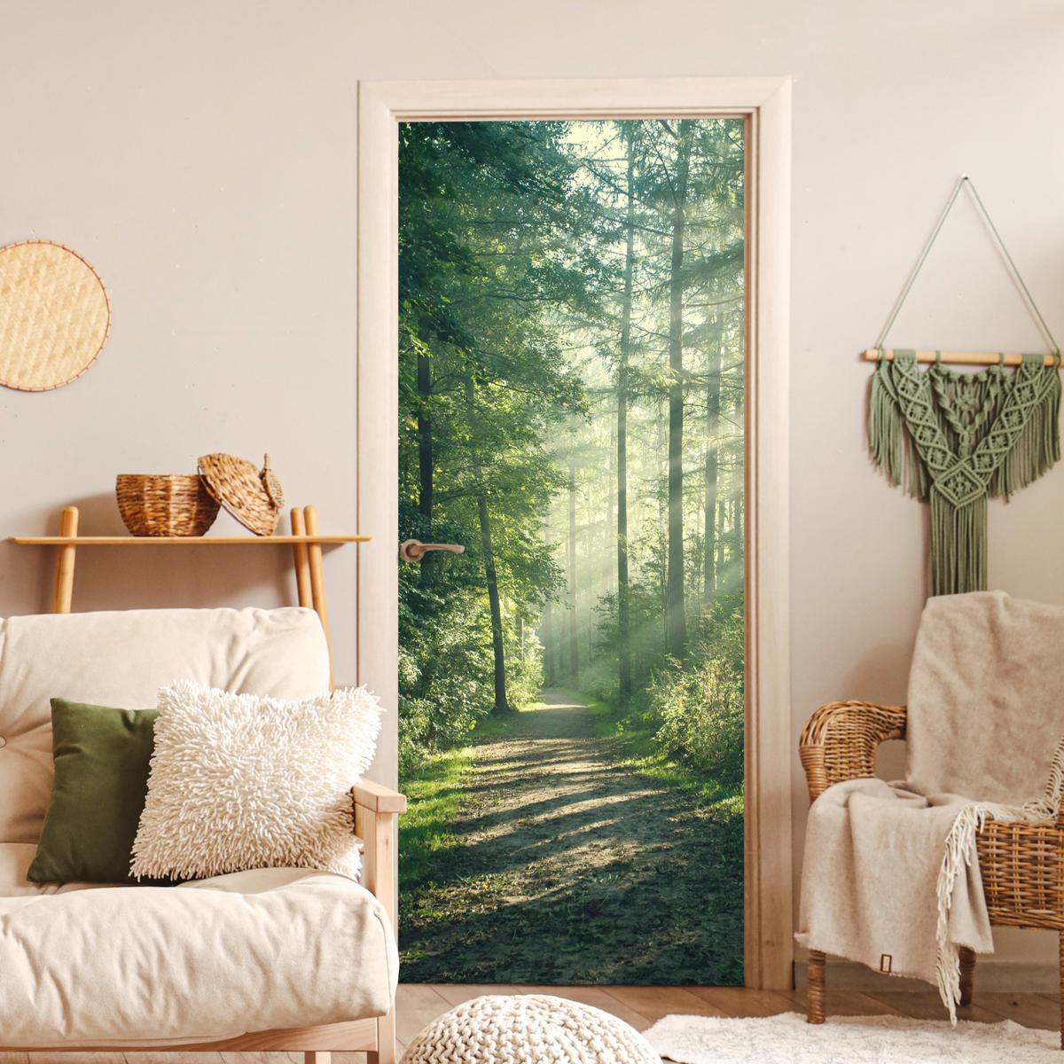 TÜRAUFKLEBER Wald - Weg - Sonne - Bäume - Grün - Natur 90x215 cm - Türtapete - Waldgrün, Kunststoff (90/0.1cm) - MuchoWow