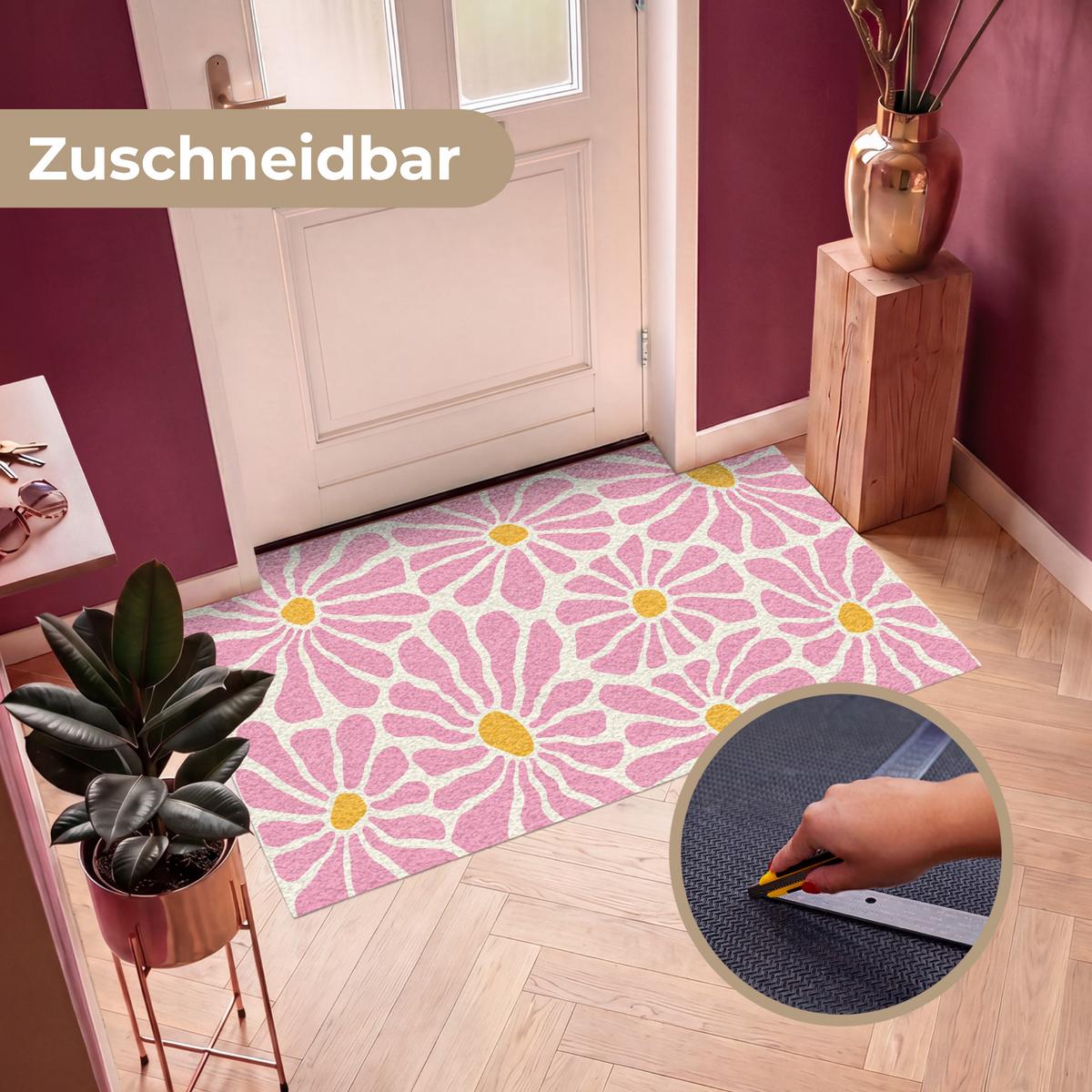 FUSSMATTE Blumen - Muster - Rosa - Beige - Orange Sauberlaufmatte 150x90 cm - Rosa, Kunststoff (150/0.4cm) - MuchoWow
