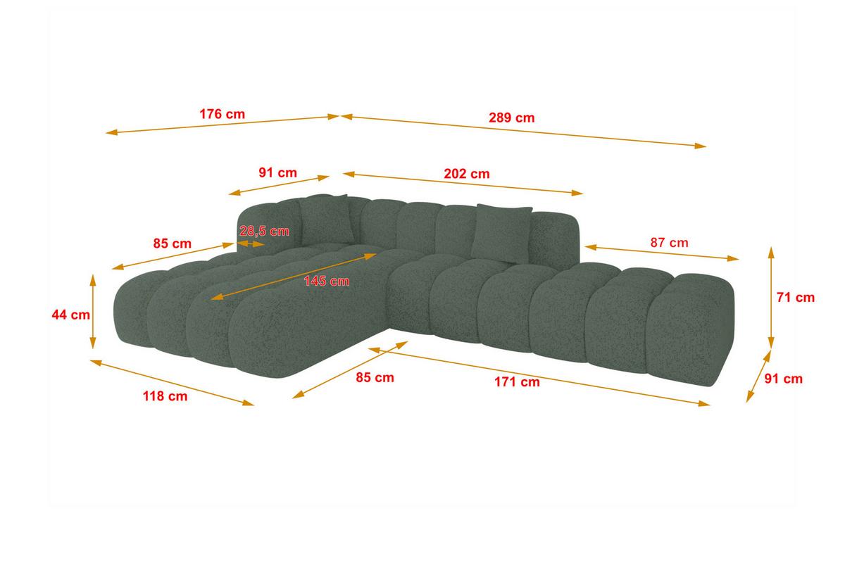 ECKSOFA Ottomane Links OLEA-L2 - 289x176x71 cm Grün - Schwarz/Grün, Holzwerkstoff/Kunststoff (289/176cm)