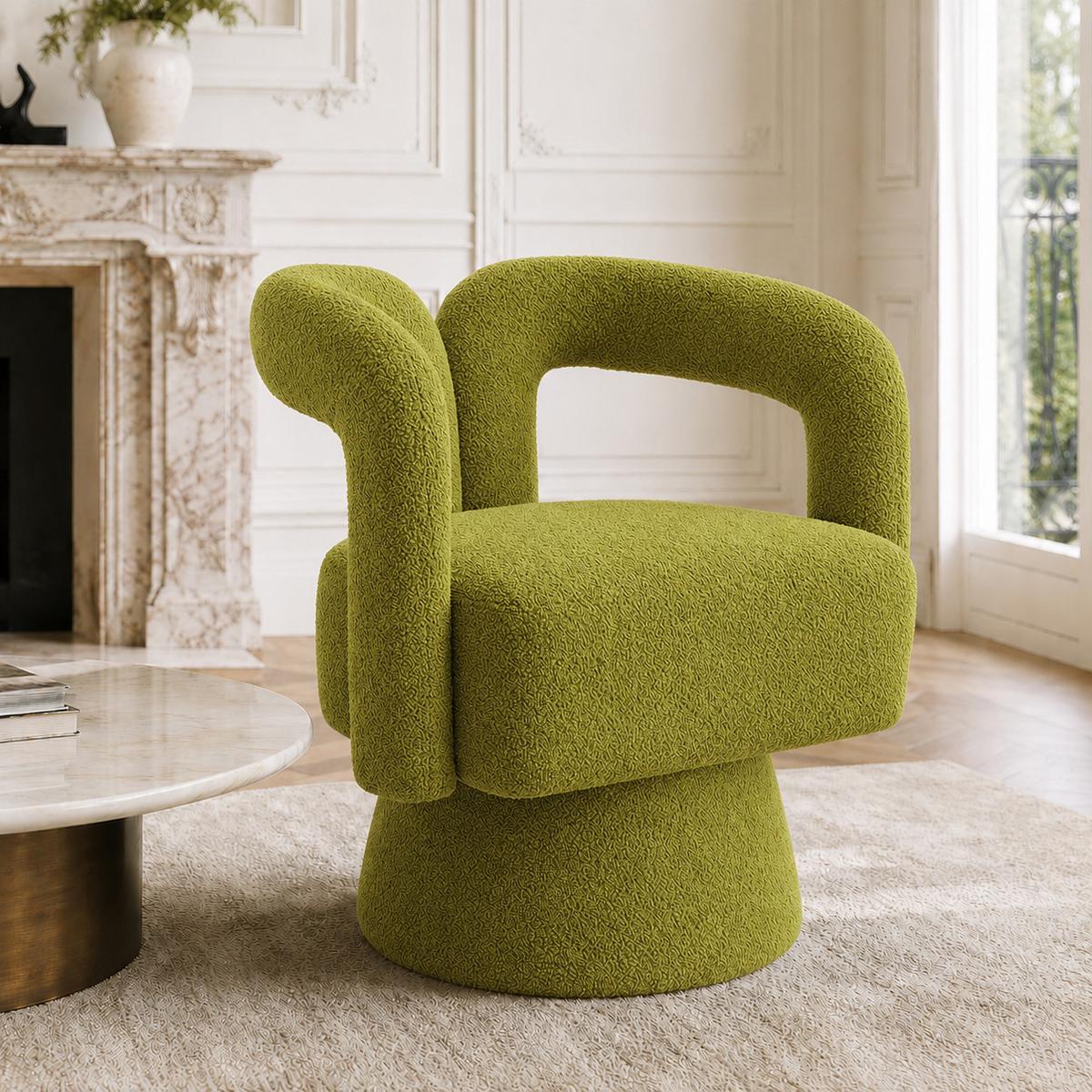 DREHSESSEL 360° Boucle Akzentstuhl Polstersessel für Wohnzimmer & Büro - Olivgrün, Textil (67/74/55cm) - Urban Meuble